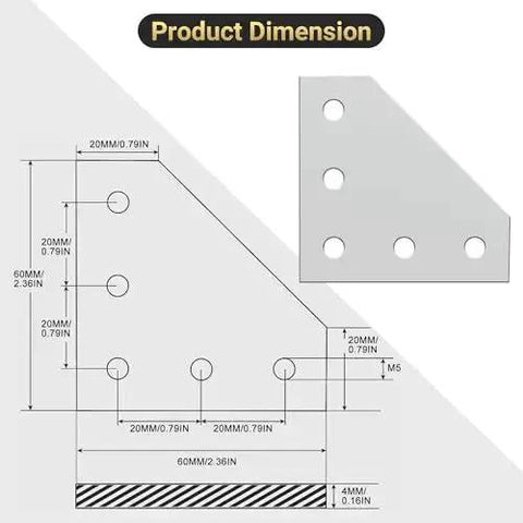 Dimensions of L-shape joint plate from 12 Set Corner Bracket Kit For 20x20mm Aluminum Extrusion Profiles, showing measurements and hole placement