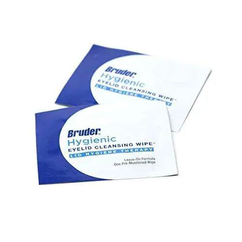 Two Bruder eyelid cleansing wipe packets. Rinse-Free Eyelid Cleansing Wipes For Oil Debris And Makeup Removal