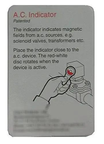 Instruction card for Rotation Tester And AC Detector For Circulating Pumps And Solenoid Valves A Handy No Brainer Direction Indicator And Magnetic Field Detector For HVAC And Electrical Maintenance showing AC indicator usage.