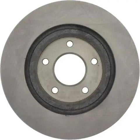 Front brake rotor, metallic gray disc with central hub and five lug holes