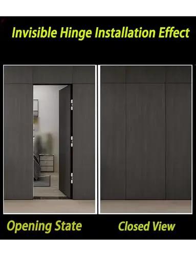 3 Pack Adjustable 180 Degree Silent Concealed Hinges In Black For Wooden Folding And Invisible Doors Hidden Cross Hinges 7 X 1.1 In 17.7 X 2.8 Cm Sleek Quiet Easy Fit Door Hardware Solution installed showing open and closed states.