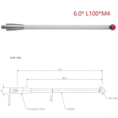 CMM Touch Probe Stylus With 6mm Ceramic Ball Tip 100mm Length Threaded Handle Pro Grade Wear Resistant And Anti Collision Protection For Durable Precision In CNC And EDM 4 Pack, side view and technical diagram