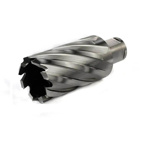 One And Five Sixteenth Inch Annular Cutter For Magnetic Drill Press With Two Inch Cutting Depth Three Quarter Inch Weldon Shank With Two Flats Pilot Pin Dual Teeth For Fast Holes, showing dual teeth design and shank.