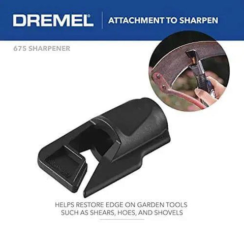Dremel attachment to sharpen garden tools, shown with a close-up of tool sharpening edge of shears. Model 675 sharpener.