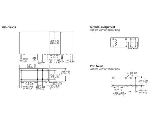 Technical drawing of General Purpose 12V DC Relay, 16A SPDT, 8 Pin Design for Electronics Projects with dimensions and PCB layout.