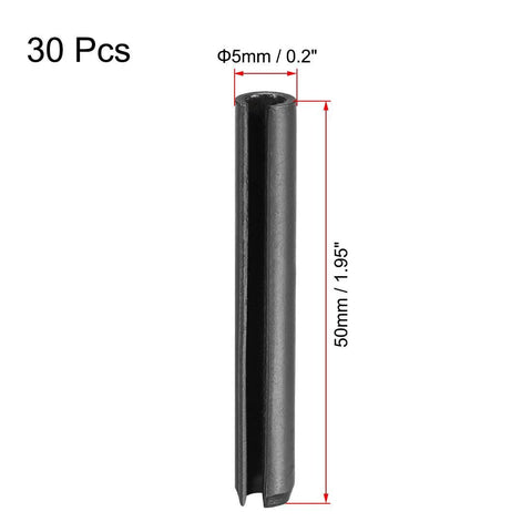 Slotted Spring Pin Set 5mm x 50mm Plain Finish 65Mn Steel Roll Assortment Kit, 30 Pieces, side view of pin