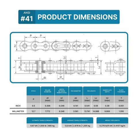 Diagram of ANSI #41 Roller Chain product dimensions with specifications table for bicycles, mini bikes, and industrial machinery.