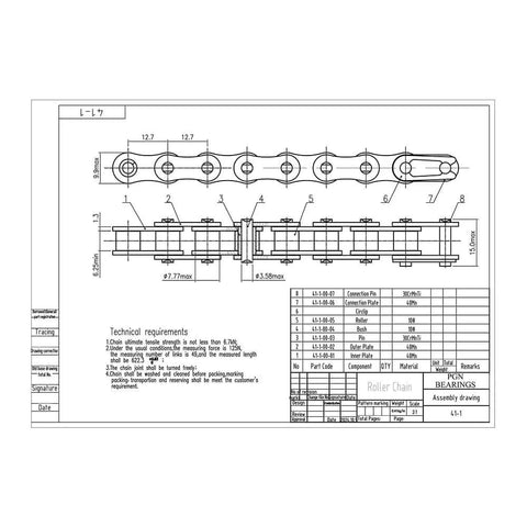 Technical drawing of ✝️ #41 Roller Chain - 10 Feet + 2 Free Connecting Links - Carbon Steel Chains for Bicycles, Mini Bikes.