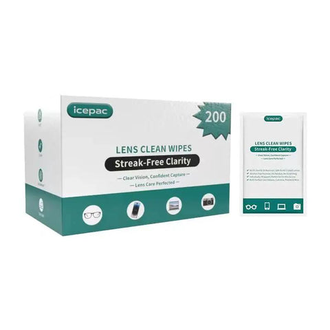 Box of Pre-Moistened Lens Wipes for Glasses and Screens 5x6 Inches 200 Pack showing packaging design and size.
