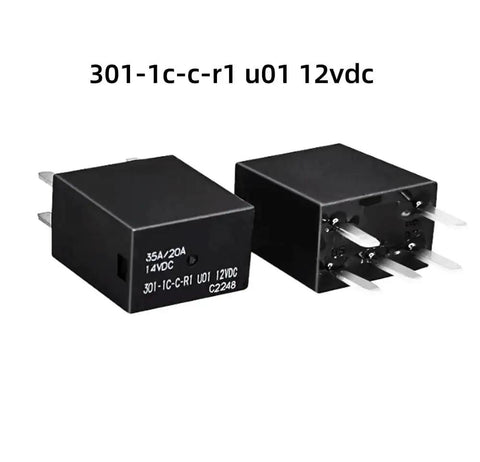 Four Pack 12V DC Automotive Relays SPDT 35A 5 Pin High Current Power Relay Model 301-1C-C-R1-U01 12VDC front and back view