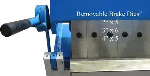 Close-up of Pan Hand Brake Box Bender For 16 Gauge Sheet Metal showing removable brake dies and handle.