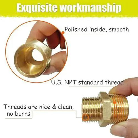 Reducing Hex Nipple Adapter One Half Inch NPT Male To Three Eighths Inch NPT Male Brass Pipe Fitting Reducer Connector held in hand