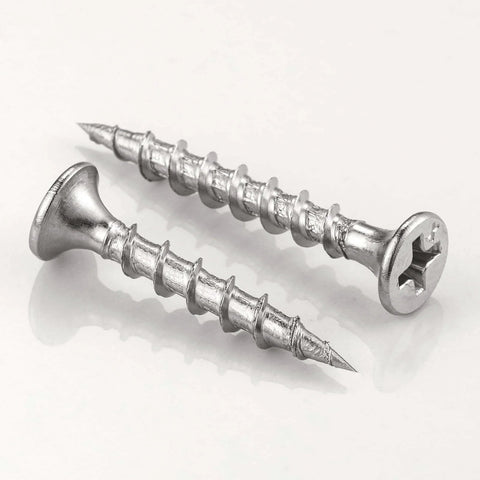 Two 410 stainless steel drywall screws with Phillips head, coarse threaded tip, suitable for drywalls, black color not shown.