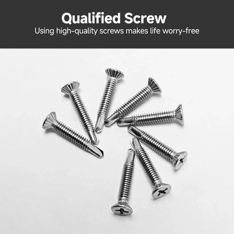 110 Pieces Size 8 Flat Head Sheet Metal Screws Assortment Kit In 410 Stainless Steel With Self Tapping And Self Drilling Design, shown in pile