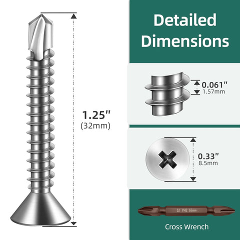 Detailed dimensions of 200pcs #10 x 1-1/4 410 Stainless Steel Flat Head Self Drilling Screws for sheet metal, wood, and plastic.