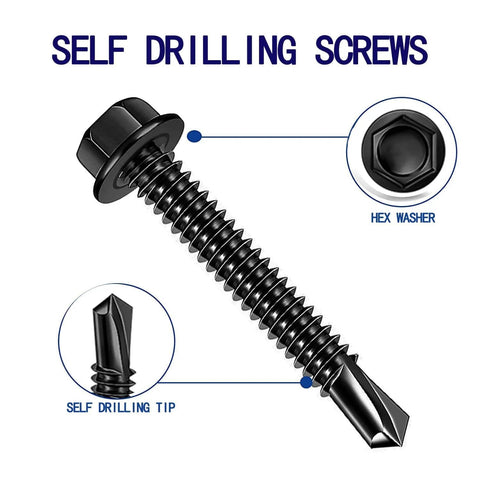 Illustration of a hex washer head self drilling screw highlighting features, 100pcs 410 Stainless Steel #10x1-1/4, black oxide, for metal plates.