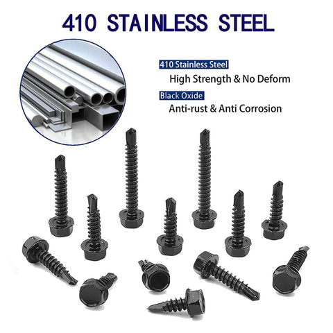 100pcs 410 Stainless Steel #10x1 Hex Washer Head Self Drilling Screws, Black Oxide Self Tapping Tek Screws for Metal Plates