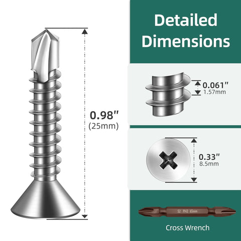 250pcs #10 x 1 410 Stainless Steel Flat Head Self Drilling Screws dimensions and cross-section view with matching drill bit
