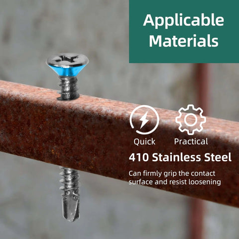 250pcs #10 x 1 410 Stainless Steel Flat Head Self Drilling Screws shown in metal, highlighting grip and rust resistance.