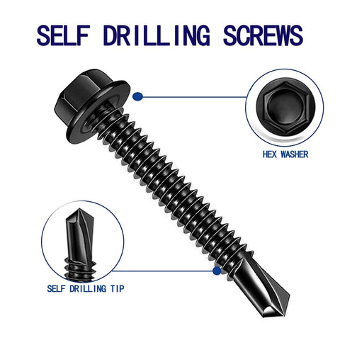 100pcs 410 Stainless Steel #8x1/2 Hex Washer Head Self Drilling Screws, Black Oxide Self Tapping Tek Screws for Metal Plates