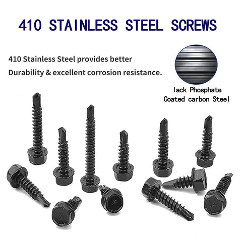 100pcs 410 Stainless Steel #10x1/2 Hex Washer Head Self Drilling Screws in black oxide coating, ideal for metalwork