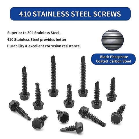 100pcs 410 Stainless Steel #8x1 Hex Washer Head Self Drilling Screws, Black Oxide Self Tapping Tek Screws for Metal Plates displayed on white background