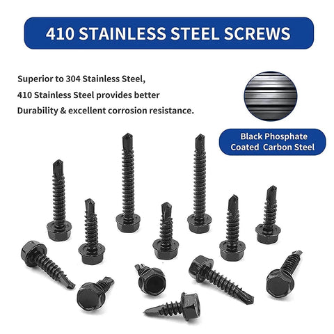 100pcs #10 x 3/4 Inch Hex Washer Head Self Drilling Screws Made from 410 Stainless Steel with Black Oxide Finish shown in various angles