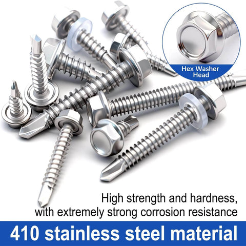 840pcs 410 Stainless Steel Self Tapping Screws Kit for Metal, Sizes #8 #10 #12 #14 with Rubber Washers and Hex Washer Head