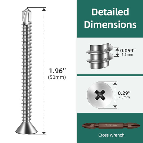 Detailed dimensions of 150pcs #8 x 2 410 Stainless Steel Flat Head Self Drilling Screws with cross-cut head and drill bit included