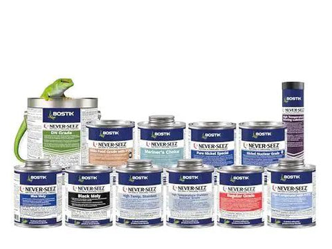 Collection of Bostik Never-Seez lubricants, including Copper And Graphite Heavy Duty Anti Seize Lubricant For Metal Parts, 8 oz brush top can
