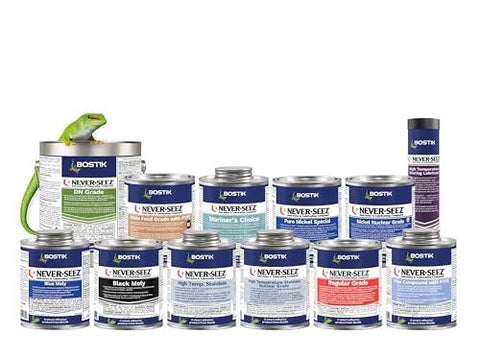 Assorted Never-Seez lubricants and anti-seize cans including the Copper Graphite Anti-Seize Aerosol Lubricant For Nuts Bolts Pipe Fittings Valves And Machinery With Heavy-Duty Rust And Corrosion Protection And High Temperature Tolerance From Minus 297 Degrees Fahrenheit To 1800 Degrees Fahrenheit displayed in front view