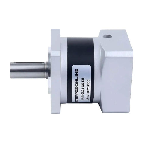 MGL Series Planetary Gearbox 5 To 1 Reduction With 30 Arc-Min Backlash For 8mm Shaft in tough metal housing, side view