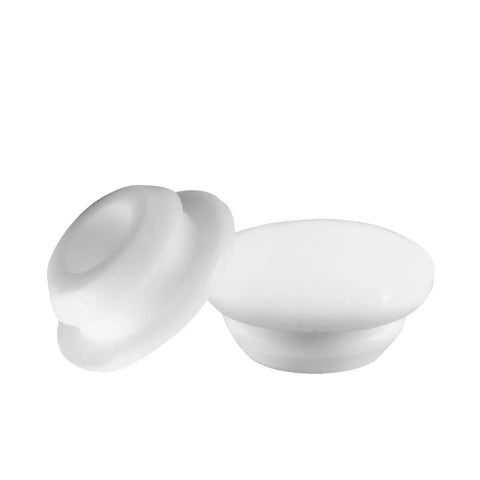 White Hole Plug Set Of 10 For 10mm To 10.5mm Holes Snap In Locking Button Plugs shown in side and top view, made of temperature resistant plastic.