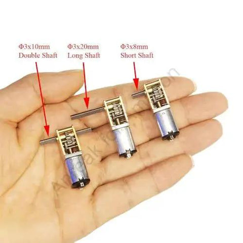 Three mini motors in a hand, highlighting 3x10mm, 3x20mm, and 3x8mm shafts for Two Pack 12V DC Worm Gear Motor N20 With Short Shaft 3 By 8 Millimeter