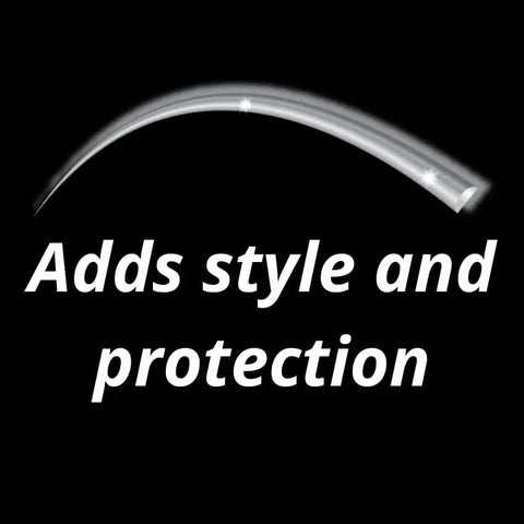 Universal Vehicle Body Molding Trim One Half Inch Wide 18 Feet Chrome Finish UV with text "Adds style and protection"