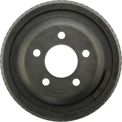 Front view of a dark metal Centric 123.67024 C-Tek rear brake drum with five lug holes and central bore