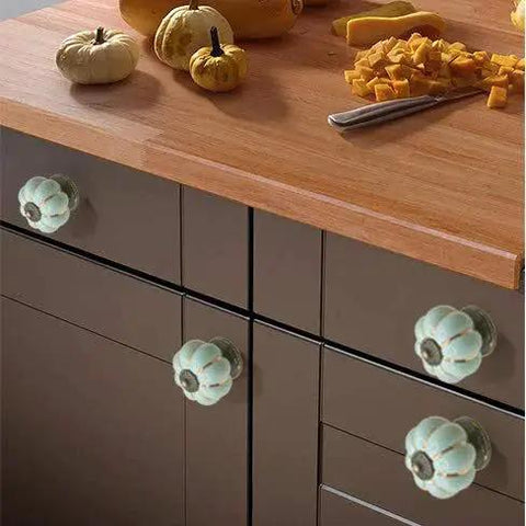 5 Pack Retro Vintage Ceramic Pumpkin Cabinet Knobs Set For Kitchen Cabinets Drawers Dresser Cupboard Pull Handles Includes 3 Kinds Of Screws Sky Blue Enhances Vintage Charm For Furniture With Easy Install And Durable Gloss Finish installed on dark cabinets