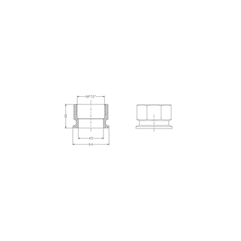 Geife 304 stainless steel tri-clamp to female NPT sanitary fitting, 2 in FNPT x 2 in TC, technical drawing
