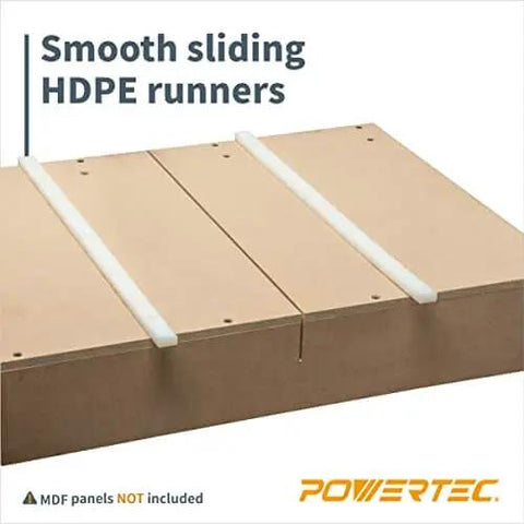 Two Pack 17 Inch Miter Bar For Table Saw Sleds And Router Tables, shown on wooden board, HDPE construction, predrilled holes