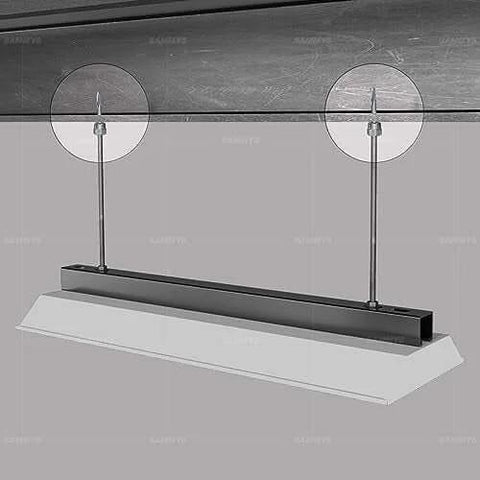 Vertical Threaded Rod Anchor For Steel Structures Quarter Inch Screw One Inch Length Electro Zinc Coated Corrosion Resistant No Pre Drill Easy To Install Pack Of 25 Made In USA High Pullout Strength shown installed in steel structure with threaded rods hanging.