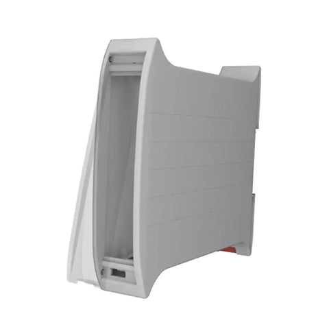Grey 22.5mm DIN Rail Plastic Enclosure Railbox for compact PCB housing, front view, showcasing snap-fit design and ventilation features.