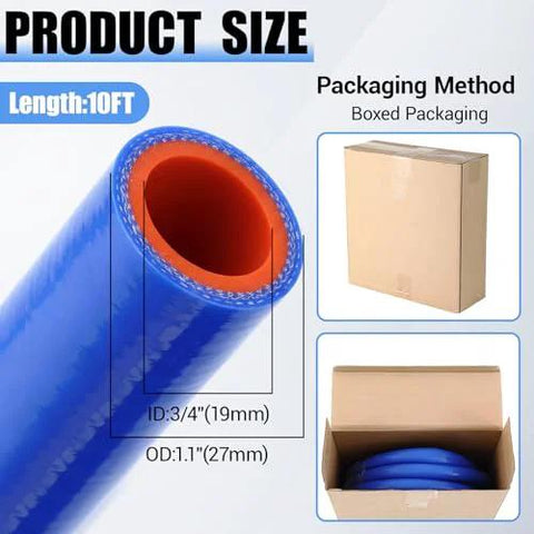 Blue silicone heater hose with orange inner layer, 3/4 in ID, 1.1 in OD, 10 ft, boxed