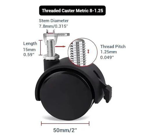 Threaded Caster Set Of 4 M8 X 1.25 Swivel Stem Office Chair Wheels With Locking Brake, close-up of wheel dimensions and features