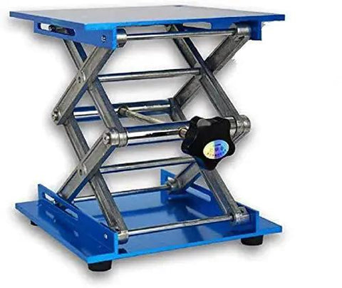 Side view of Adjustable Lab Jack Stand And Lift Table with blue platform for 4x4 6x6 8x8, shown in extended position.