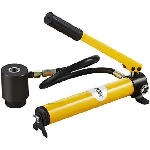 15 Ton Hydraulic Knockout Punch Kit With 10 Punches And Dies, Step Drill Bit, hydraulic lever and pump, black and yellow color