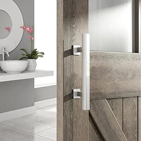 Heavy Duty 12 Inch Sliding Barn Door Handle Set In Brushed Nickel Flush Pull Handles For Interior Doors Durable Stainless Steel Construction Rust Resistant 2 Piece Kit Easy Install For Doors 1.375 To 1.75 Inch Thick installed on wooden door