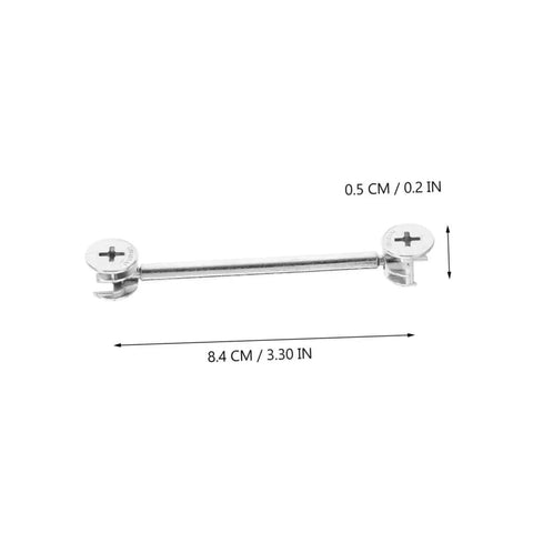 Heavy Duty Furniture Cam Lock Fittings Kit For Cabinets 20 Sets With Double Headed Connectors Lightweight And Easy To Install Strong Bearing Capacity Includes Rods And Fittings For Quick DIY Furniture Repair And Assembly, showing a close-up of a metal connector rod with measurements