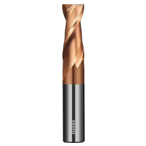 Six Piece Carbide End Mill Set For Steel Upcut CNC Router Bits With Square Nose And Center Cutting TISIN Coated 1/8 3/16 1/4 5/16 3/8 And 1/2 Inch Sizes 1/8 To 1/2 Inch Shanks Cutting Lengths 3/8 To 1 Inch Overall 1 1/2 To 3 Inches Sisona, featuring a single end mill close-up view