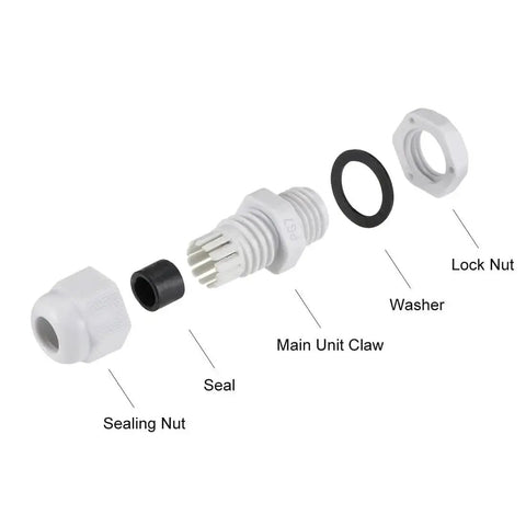 Exploded view of PG7 Cable Gland 2mm To 5mm Waterproof Nylon Joint With Locknut And Washer 10 Pack White, showing components