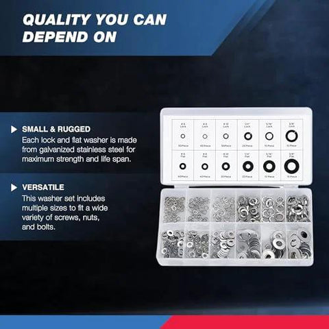 Stainless steel lock and flat washer assortment, 350 pieces, 12 sizes, spring lock and flat washers in organizer case.